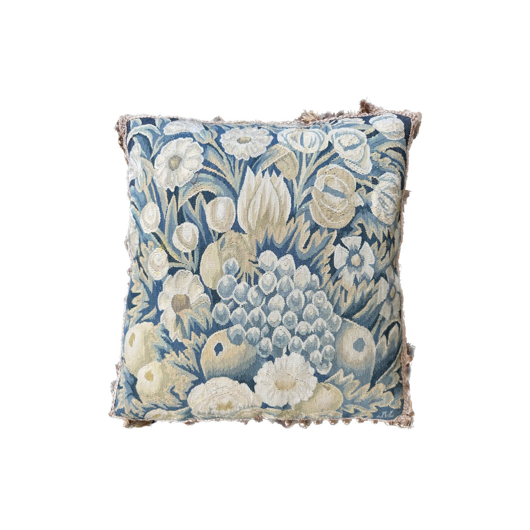 Ariana Rugs 20x20 blue and green Aubusson wool and silk pillow cover with velvet backing and tassel trim.