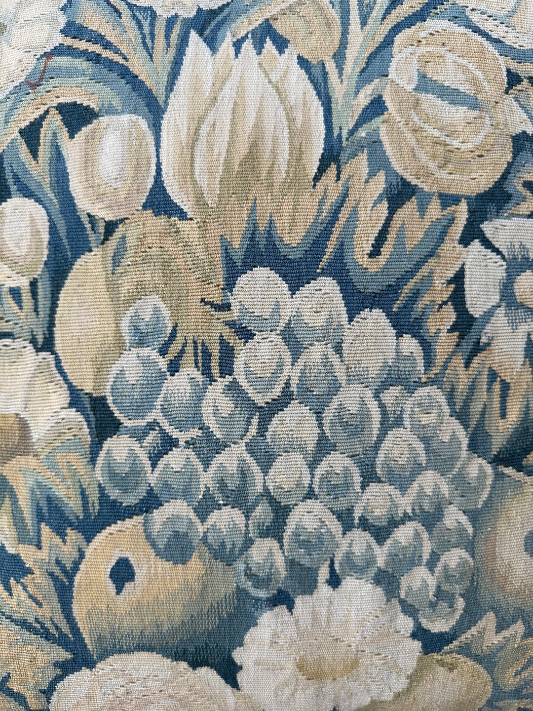 Ariana Rugs 20x20 blue and green Aubusson wool and silk pillow cover with velvet backing and tassel trim.