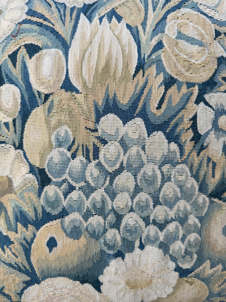 Ariana Rugs 20x20 blue and green Aubusson wool and silk pillow cover with velvet backing and tassel trim.
