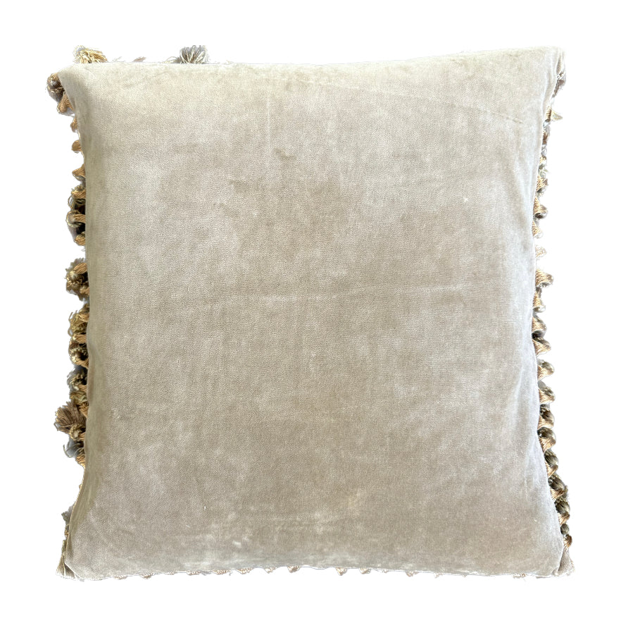 Ariana Rugs 20x20 blue and green Aubusson wool and silk pillow cover with velvet backing and tassel trim.
