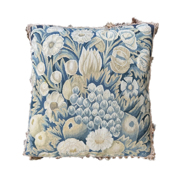 Ariana Rugs 20x20 blue and green Aubusson wool and silk pillow cover with velvet backing and tassel trim.