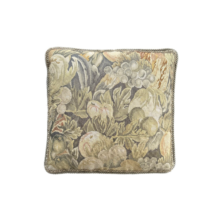 Ariana Rugs 20x20 green and cream Aubusson wool pillow cover with handwoven botanical fruit and leaf motif