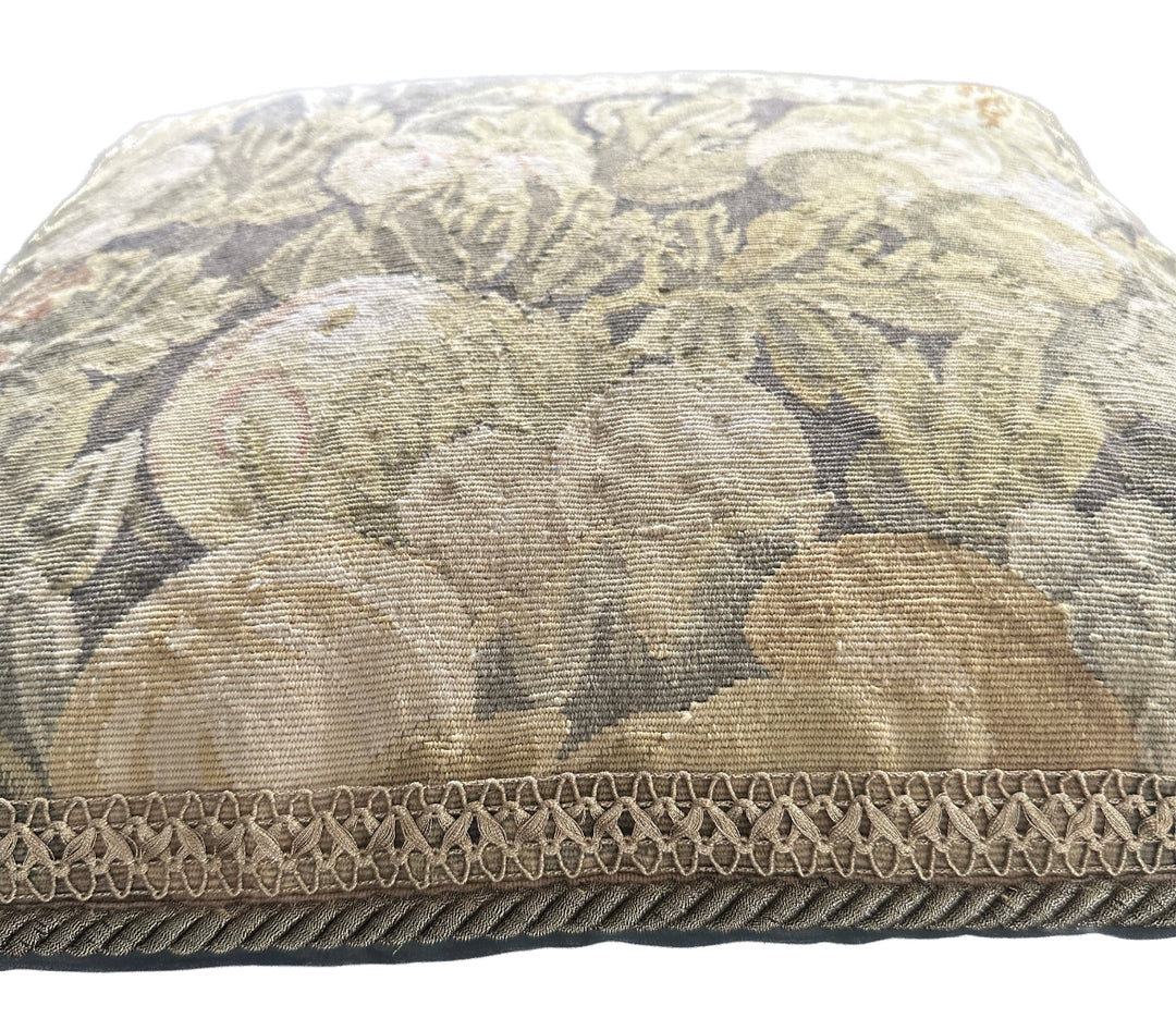 Ariana Rugs 20x20 green and cream Aubusson wool pillow cover with handwoven botanical fruit and leaf motif