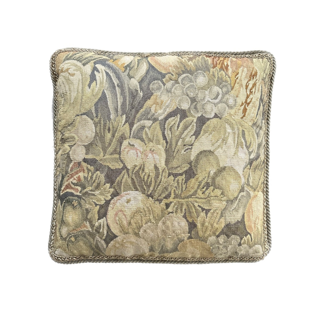 Ariana Rugs 20x20 green and cream Aubusson wool pillow cover with handwoven botanical fruit and leaf motif
