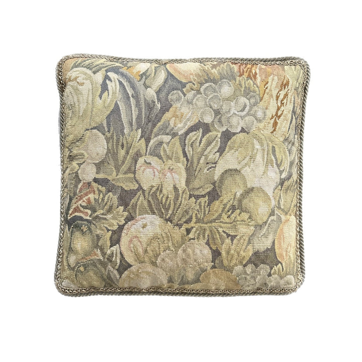 Ariana Rugs 20x20 green and cream Aubusson wool pillow cover with handwoven botanical fruit and leaf motif