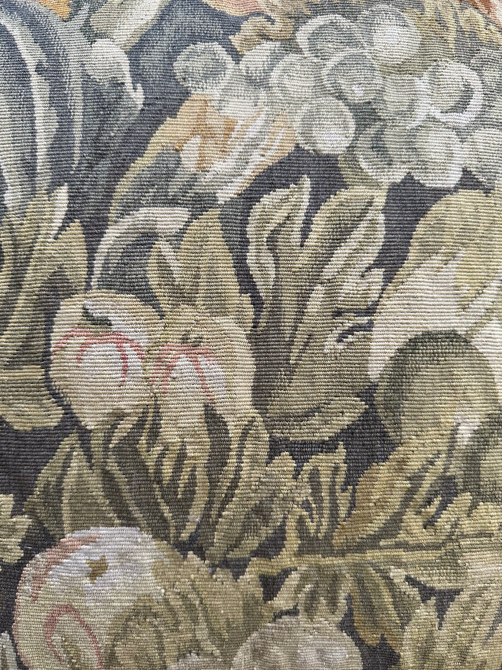 Ariana Rugs 20x20 green and cream Aubusson wool pillow cover with handwoven botanical fruit and leaf motif