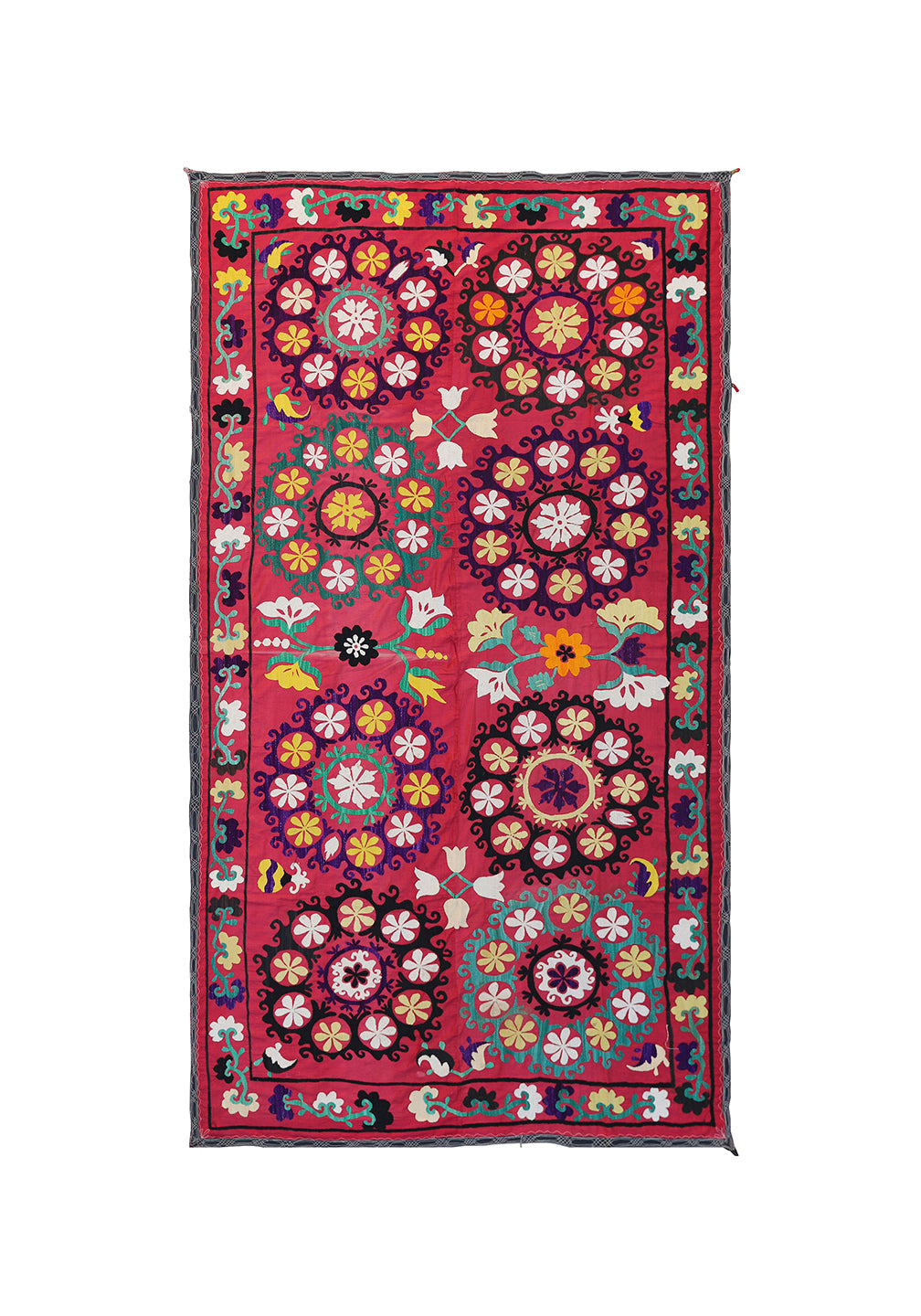 Ariana Rugs 5x9 Vintage Uzbek Suzani Hand-Embroidered Red Cotton Floral Textile