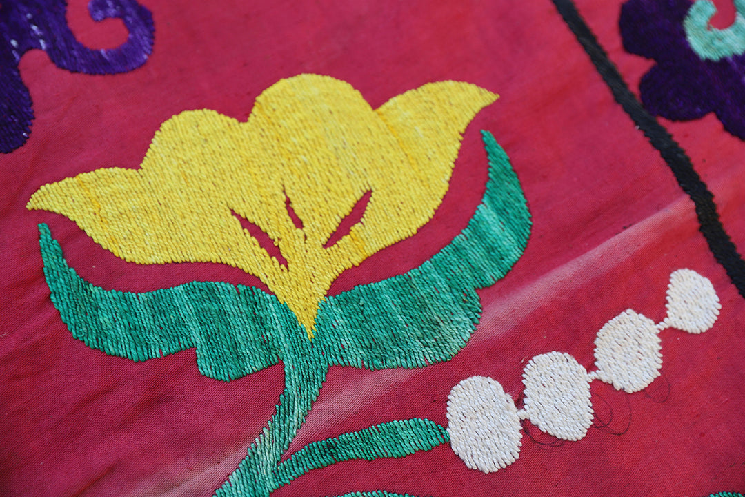 Ariana Rugs 5x9 Vintage Uzbek Suzani Hand-Embroidered Red Cotton Floral Textile