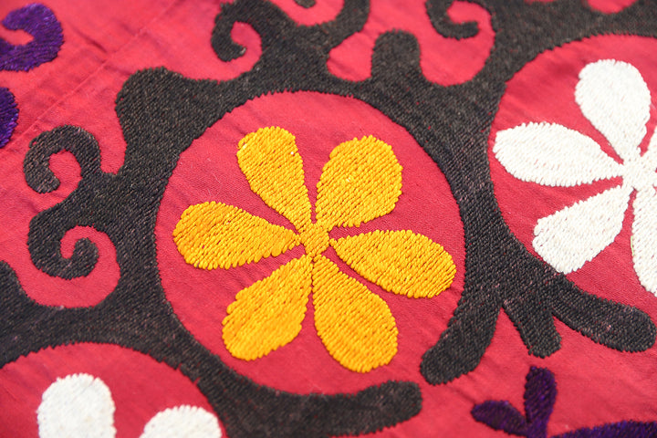 Ariana Rugs 5x9 Vintage Uzbek Suzani Hand-Embroidered Red Cotton Floral Textile