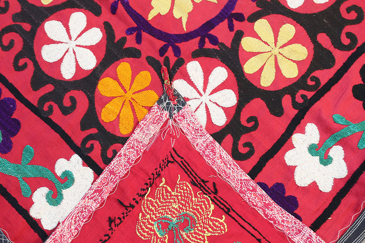 Ariana Rugs 5x9 Vintage Uzbek Suzani Hand-Embroidered Red Cotton Floral Textile