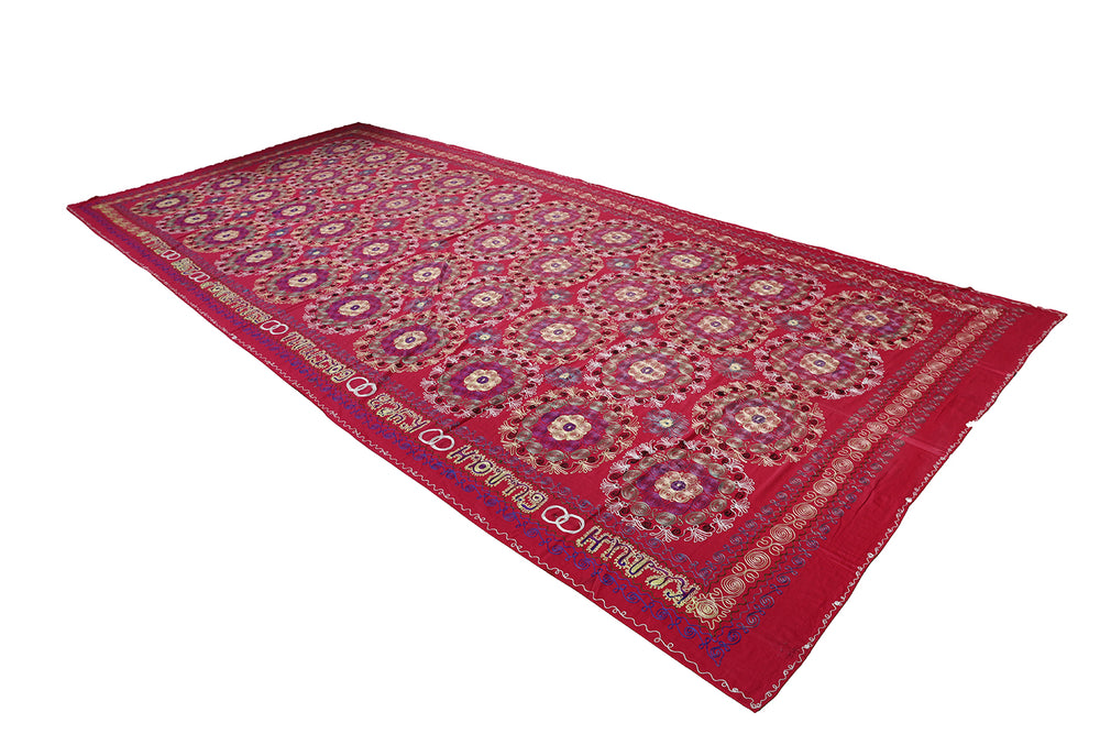 Ariana Rugs 7x16 Vintage Samarkand Uzbek Suzani Hand-Embroidered Red Textile Tapestry