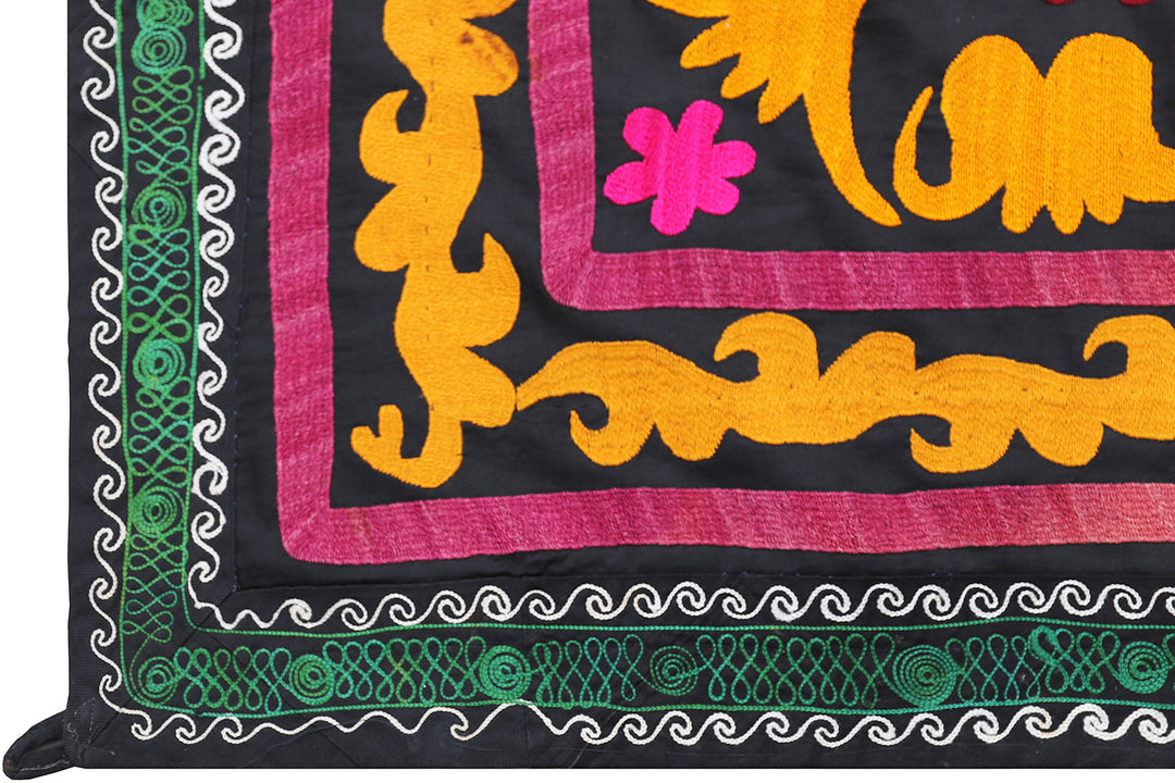 Ariana Rugs 7x9 Vintage Uzbek Suzani Hand-Embroidered Black Ground Textile Tapestry