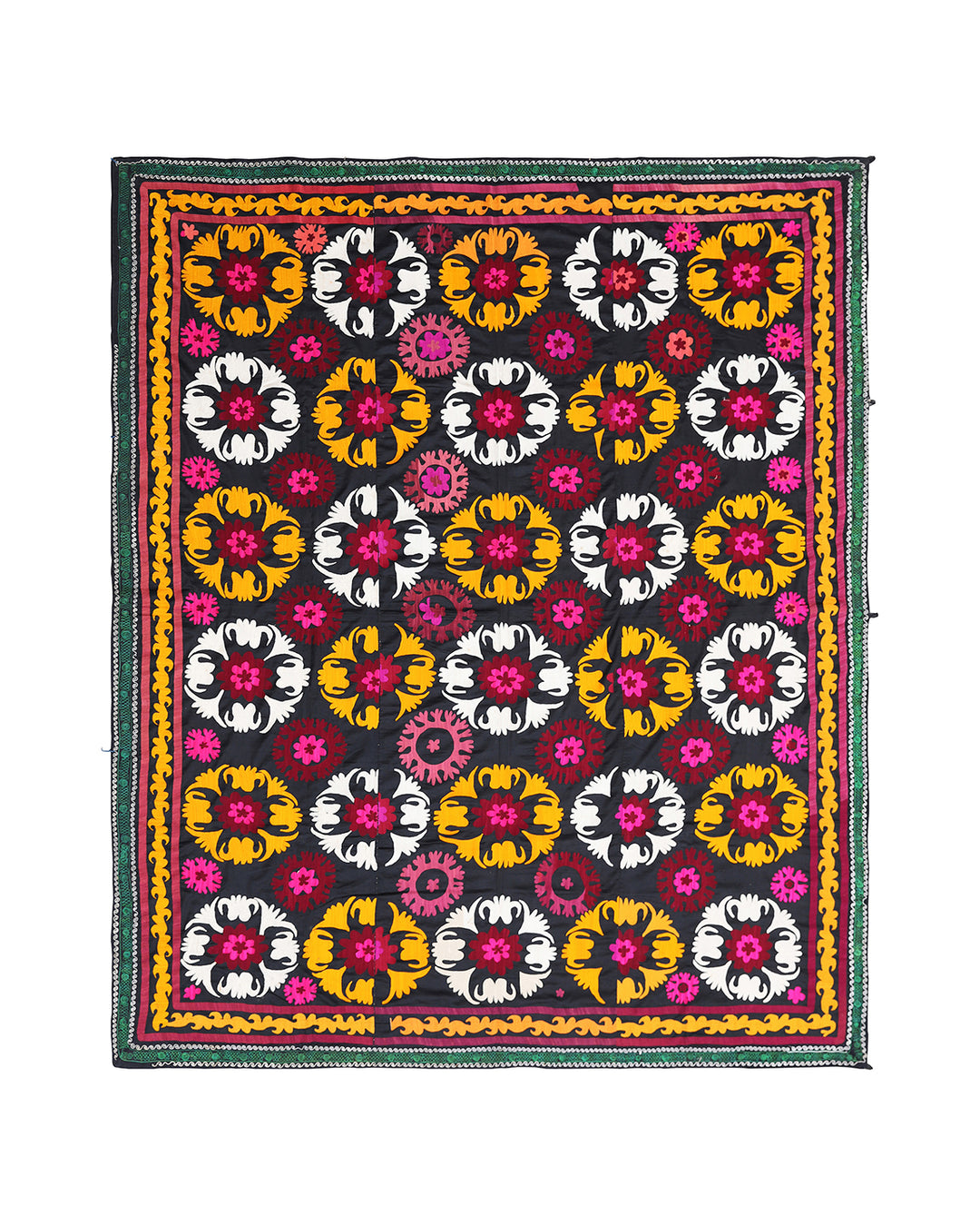 Ariana Rugs 7x9 Vintage Uzbek Suzani Hand-Embroidered Black Ground Textile Tapestry