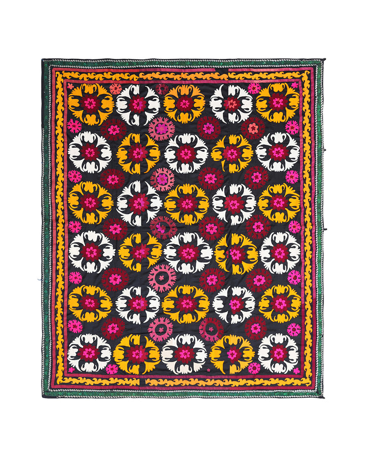 Ariana Rugs 7x9 Vintage Uzbek Suzani Hand-Embroidered Black Ground Textile Tapestry