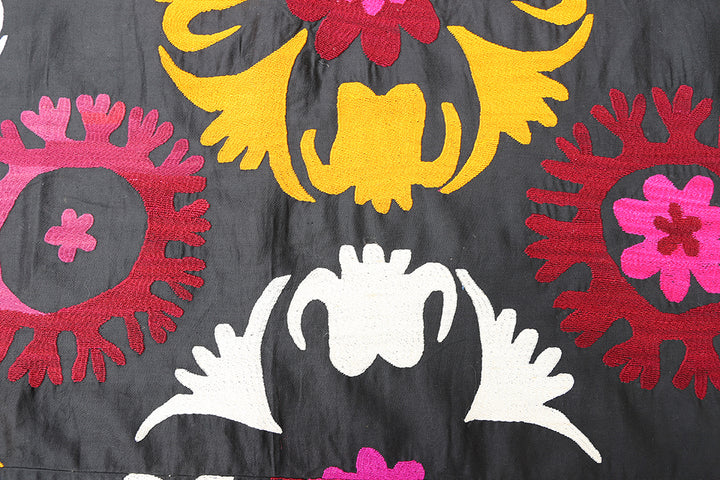 Ariana Rugs 7x9 Vintage Uzbek Suzani Hand-Embroidered Black Ground Textile Tapestry