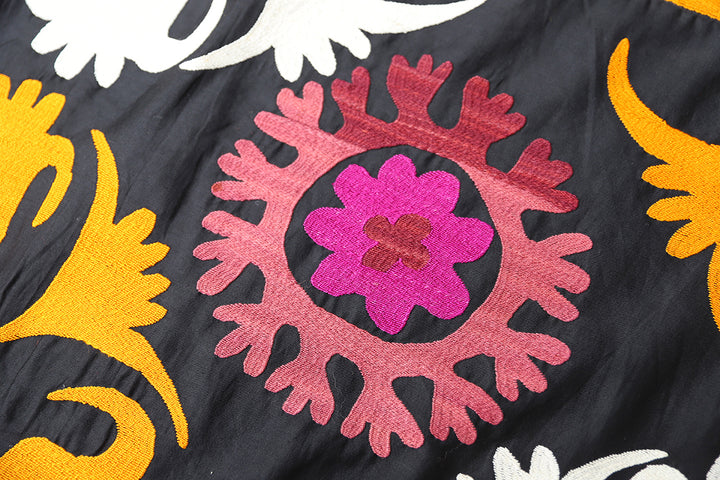Ariana Rugs 7x9 Vintage Uzbek Suzani Hand-Embroidered Black Ground Textile Tapestry