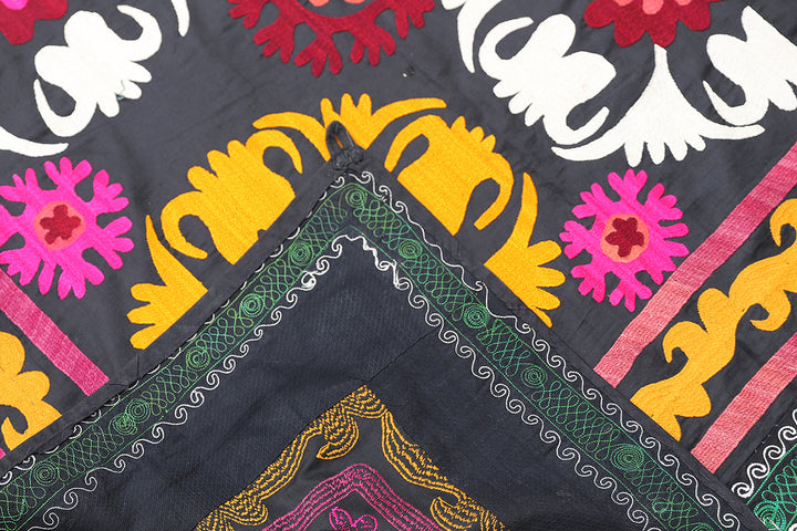 Ariana Rugs 7x9 Vintage Uzbek Suzani Hand-Embroidered Black Ground Textile Tapestry