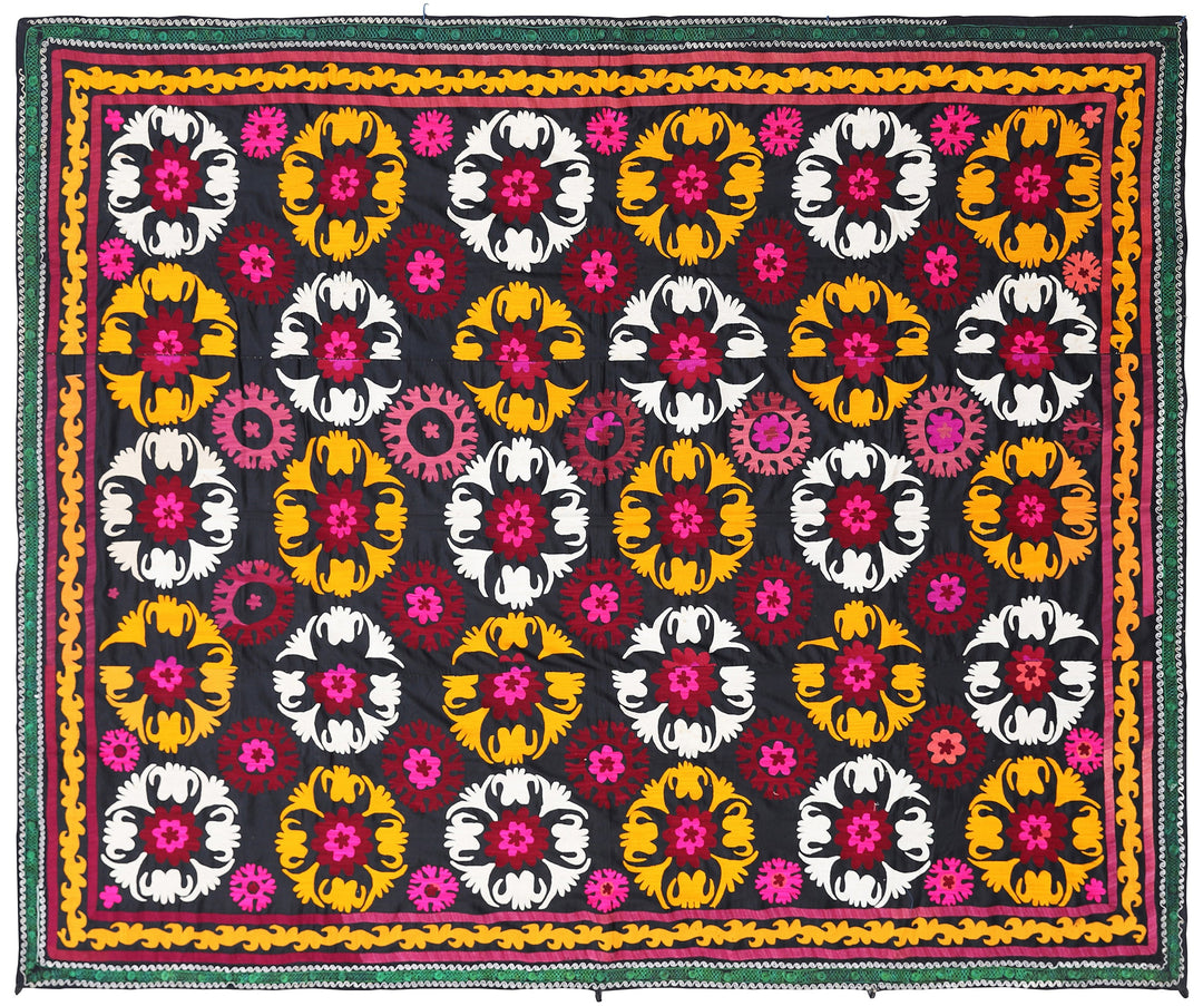 Ariana Rugs 7x9 Vintage Uzbek Suzani Hand-Embroidered Black Ground Textile Tapestry
