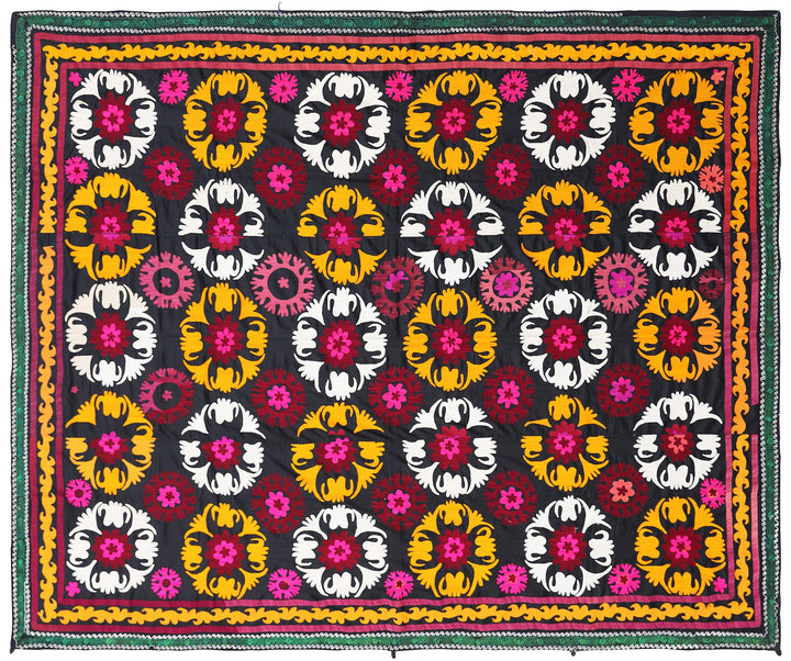 Ariana Rugs 7x9 Vintage Uzbek Suzani Hand-Embroidered Black Ground Textile Tapestry