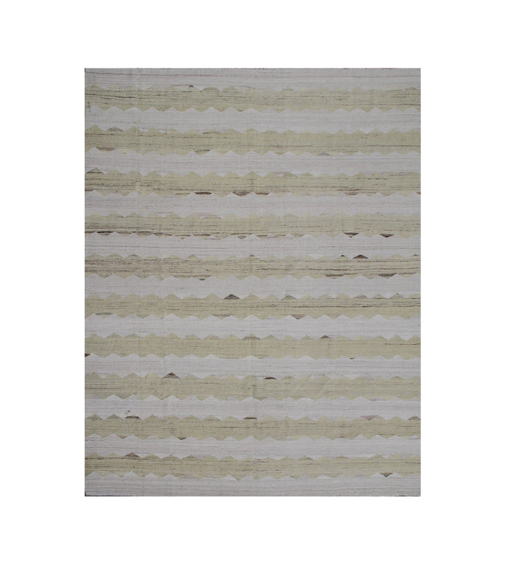Ariana Rugs 8'x10' handwoven soft green and ivory wave design wool kilim area rug featuring a modern organic flatweave structure on a cotton foundation.