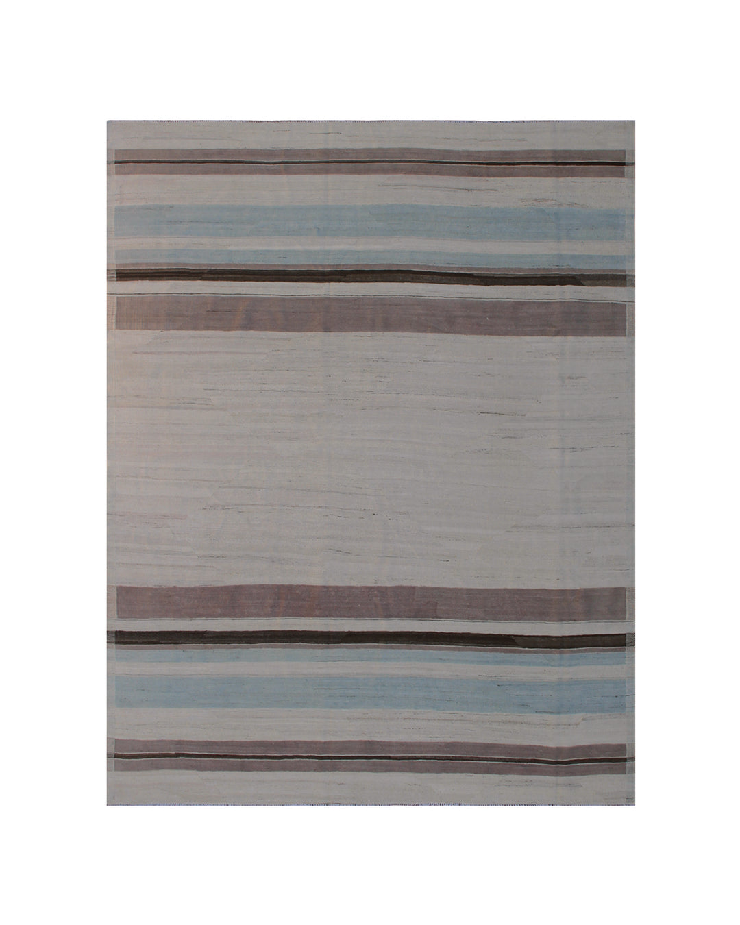 Ariana Rugs 8'x10' handwoven striped wool kilim area rug featuring a brown, taupe, ivory, and blue pattern on a cotton foundation.