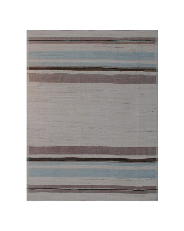 Ariana Rugs 8'x10' handwoven striped wool kilim area rug featuring a brown, taupe, ivory, and blue pattern on a cotton foundation.