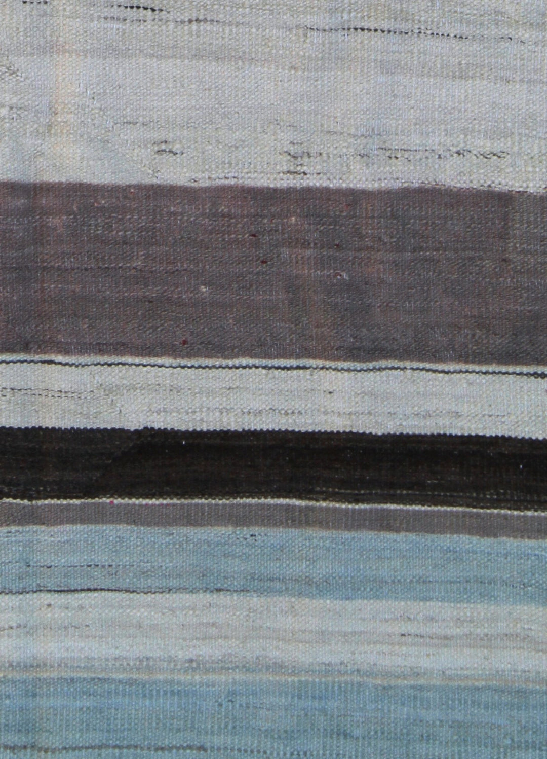 Ariana Rugs 8'x10' handwoven striped wool kilim area rug featuring a brown, taupe, ivory, and blue pattern on a cotton foundation.