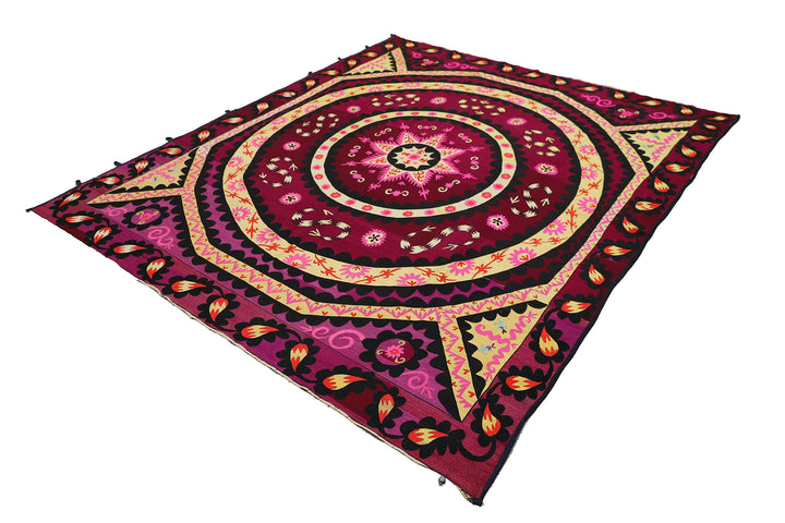 Ariana Rugs 8x8 Fine Uzbek Suzani Hand-Embroidered Silk Cotton Textile Tapestry