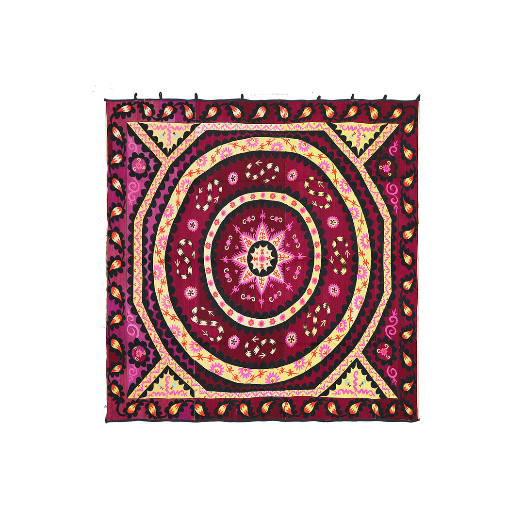 Ariana Rugs 8x8 Fine Uzbek Suzani Hand-Embroidered Silk Cotton Textile Tapestry