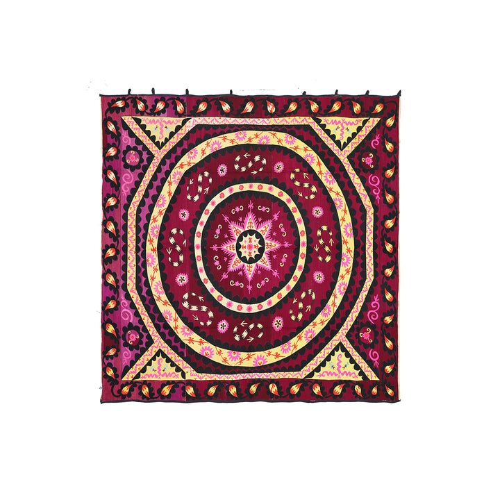 Ariana Rugs 8x8 Fine Uzbek Suzani Hand-Embroidered Silk Cotton Textile Tapestry