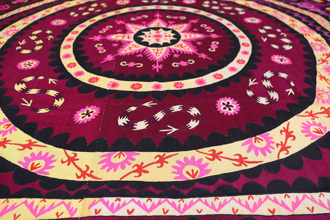 Ariana Rugs 8x8 Fine Uzbek Suzani Hand-Embroidered Silk Cotton Textile Tapestry