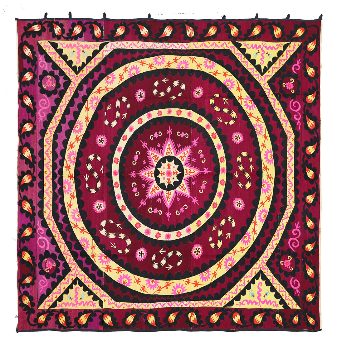 Ariana Rugs 8x8 Fine Uzbek Suzani Hand-Embroidered Silk Cotton Textile Tapestry