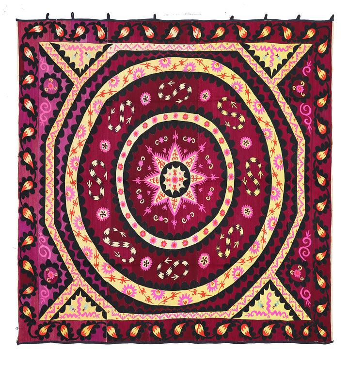 Ariana Rugs 8x8 Fine Uzbek Suzani Hand-Embroidered Silk Cotton Textile Tapestry