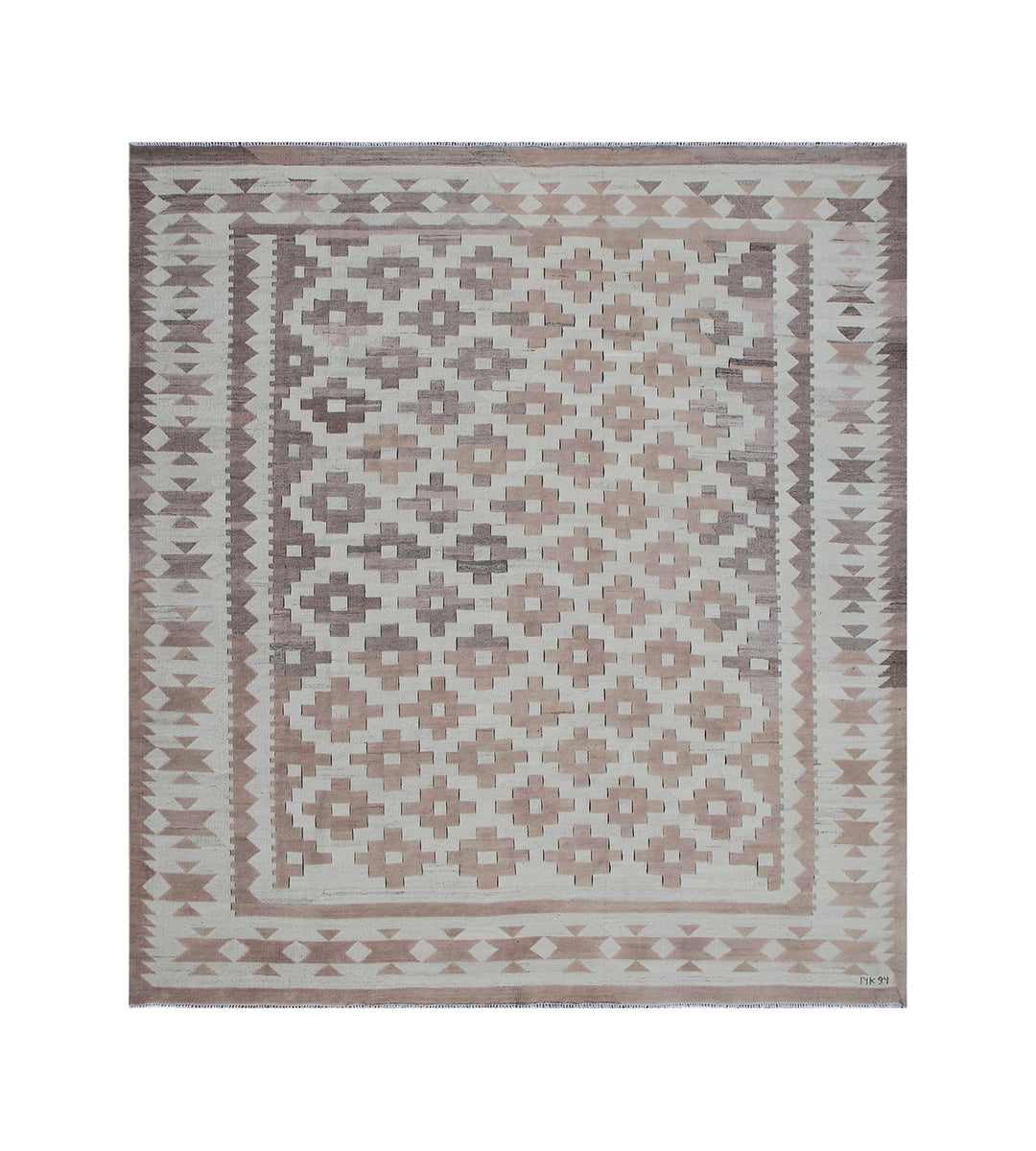 Ariana Rugs 8'x9' handwoven earth tone brown and tan Maimana style wool kilim area rug featuring a classic geometric pattern on a cotton foundation.