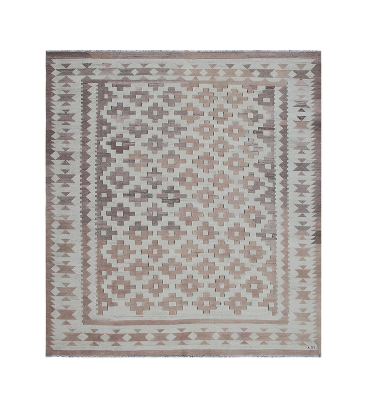 Ariana Rugs 8'x9' handwoven earth tone brown and tan Maimana style wool kilim area rug featuring a classic geometric pattern on a cotton foundation.