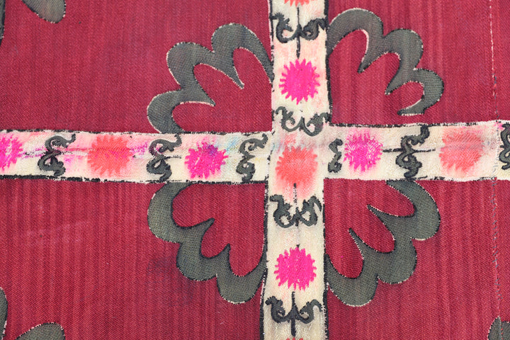 Ariana Rugs 8x9 Vintage Uzbek Hand-Embroidered Burgundy Textile Tapestry