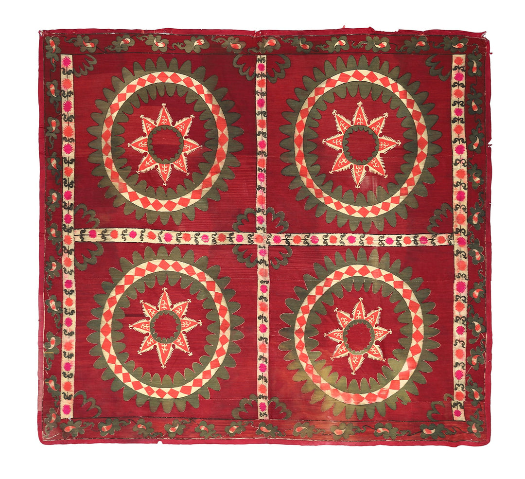 Ariana Rugs 8x9 Vintage Uzbek Hand-Embroidered Burgundy Textile Tapestry