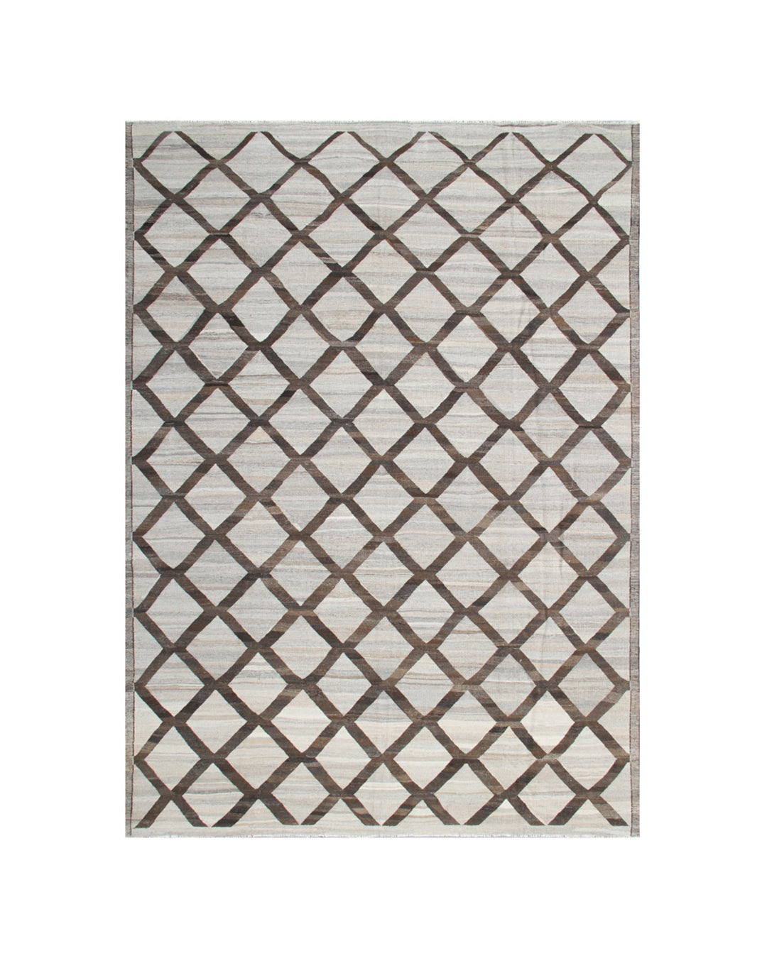 Ariana Rugs 9'x12' handwoven brown and ivory wool kilim area rug featuring a modern flatweave construction on a cotton foundation.