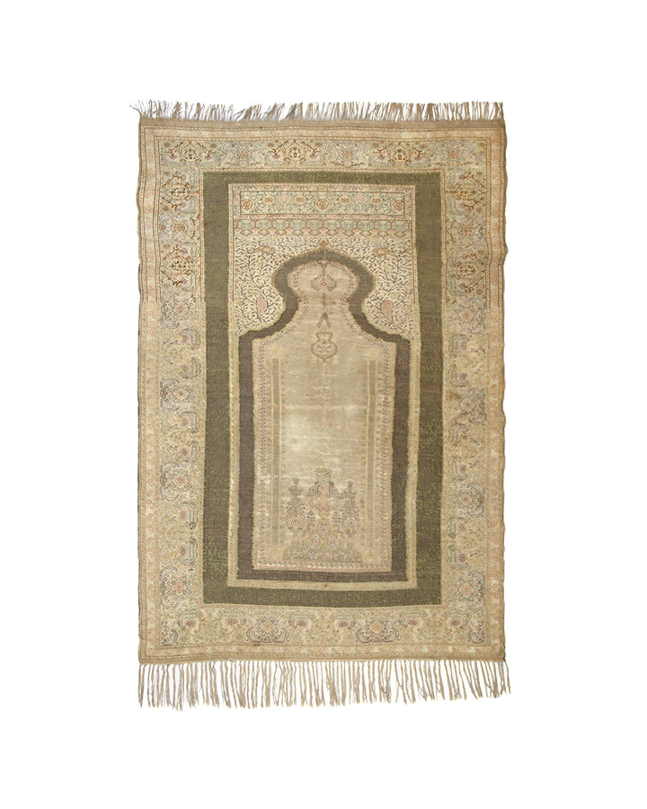 Luxury antique Turkish metal embroidered prayer rug in bronze-brown curated by Ariana Rugs West Hollywood for interior designers.