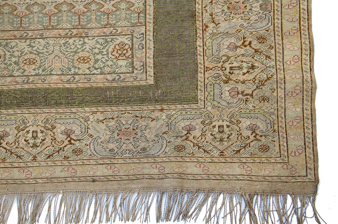 Luxury antique Turkish metal embroidered prayer rug in bronze-brown curated by Ariana Rugs West Hollywood for interior designers.