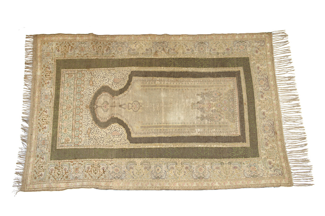 Luxury antique Turkish metal embroidered prayer rug in bronze-brown curated by Ariana Rugs West Hollywood for interior designers.