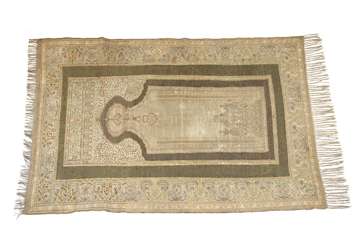 Luxury antique Turkish metal embroidered prayer rug in bronze-brown curated by Ariana Rugs West Hollywood for interior designers.