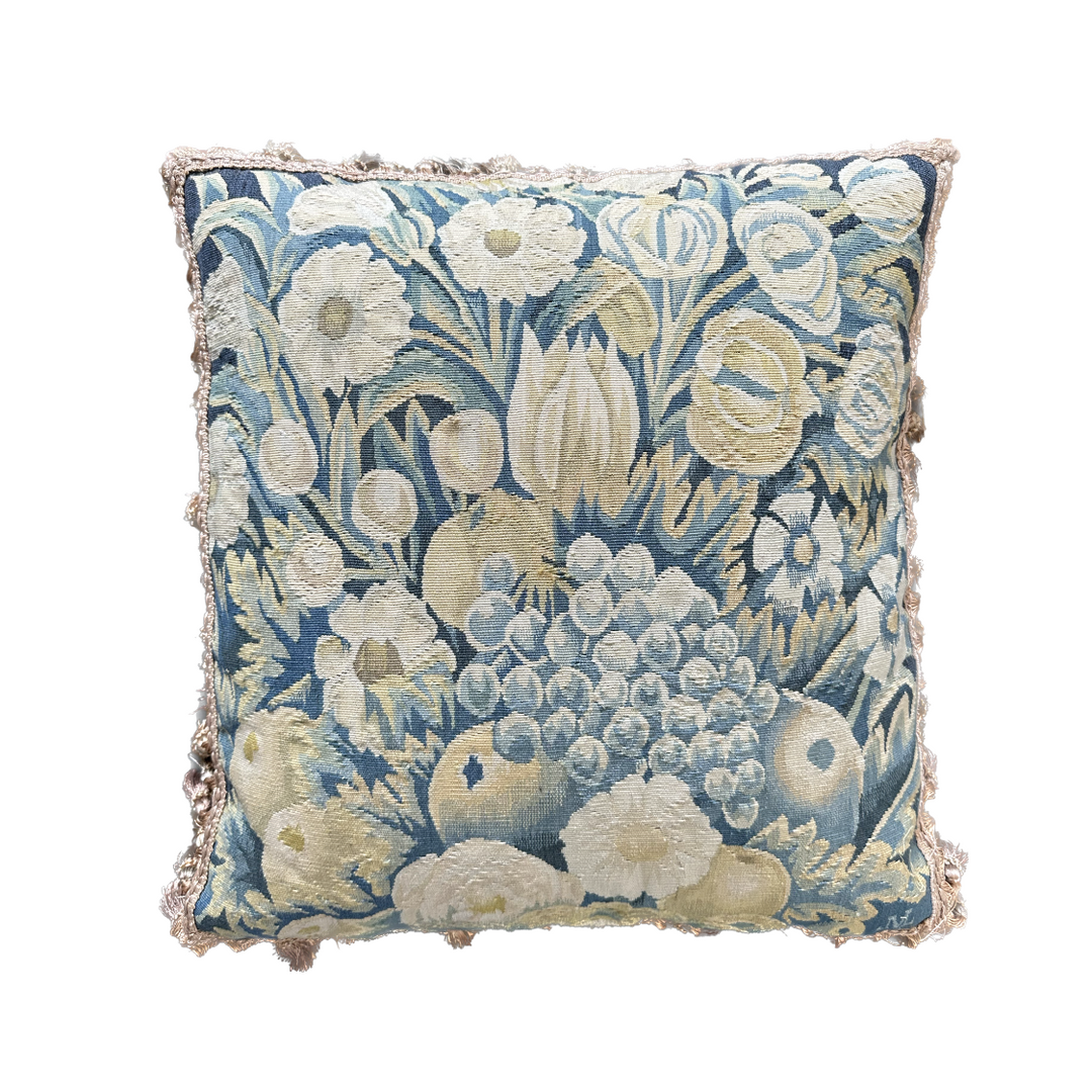 Luxury hand-knotted blue-green pictorial Aubusson pillow case with golden-brown tassels made from organic wool by expert weavers, curated by Ariana Rugs West Hollywood.