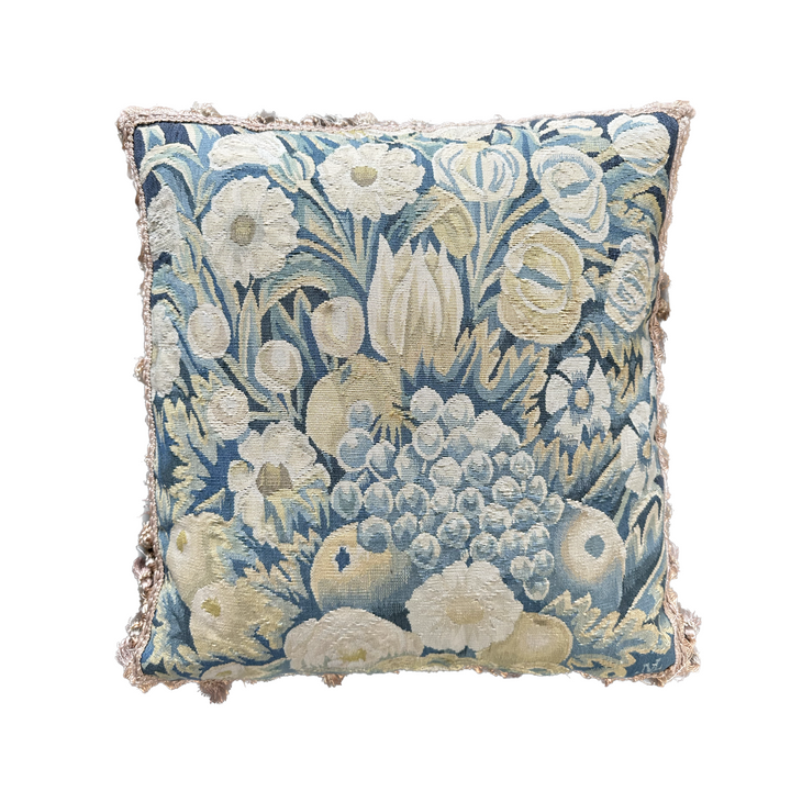 Luxury hand-knotted blue-green pictorial Aubusson pillow case with golden-brown tassels made from organic wool by expert weavers, curated by Ariana Rugs West Hollywood.