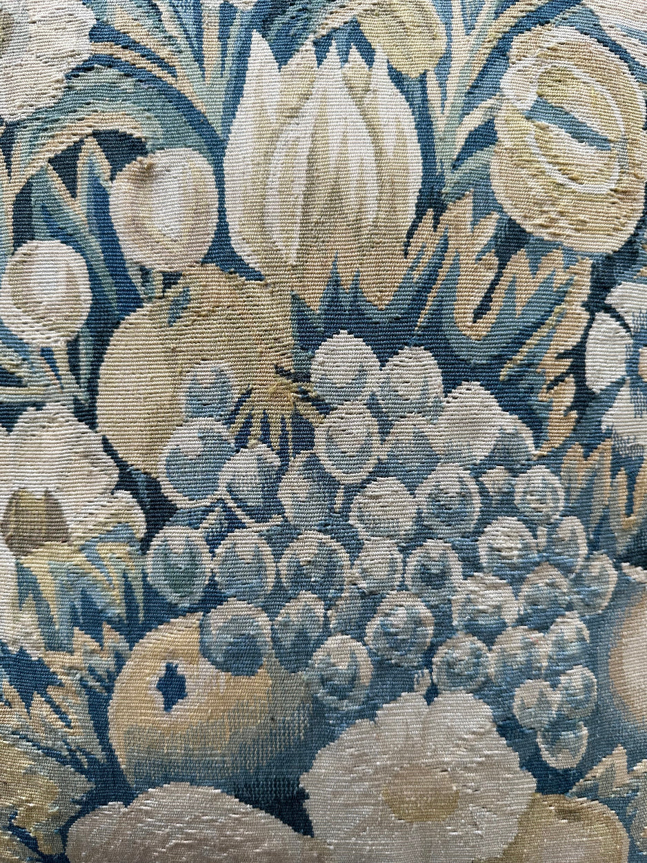 Luxury hand-knotted blue-green pictorial Aubusson pillow case with golden-brown tassels made from organic wool by expert weavers, curated by Ariana Rugs West Hollywood.