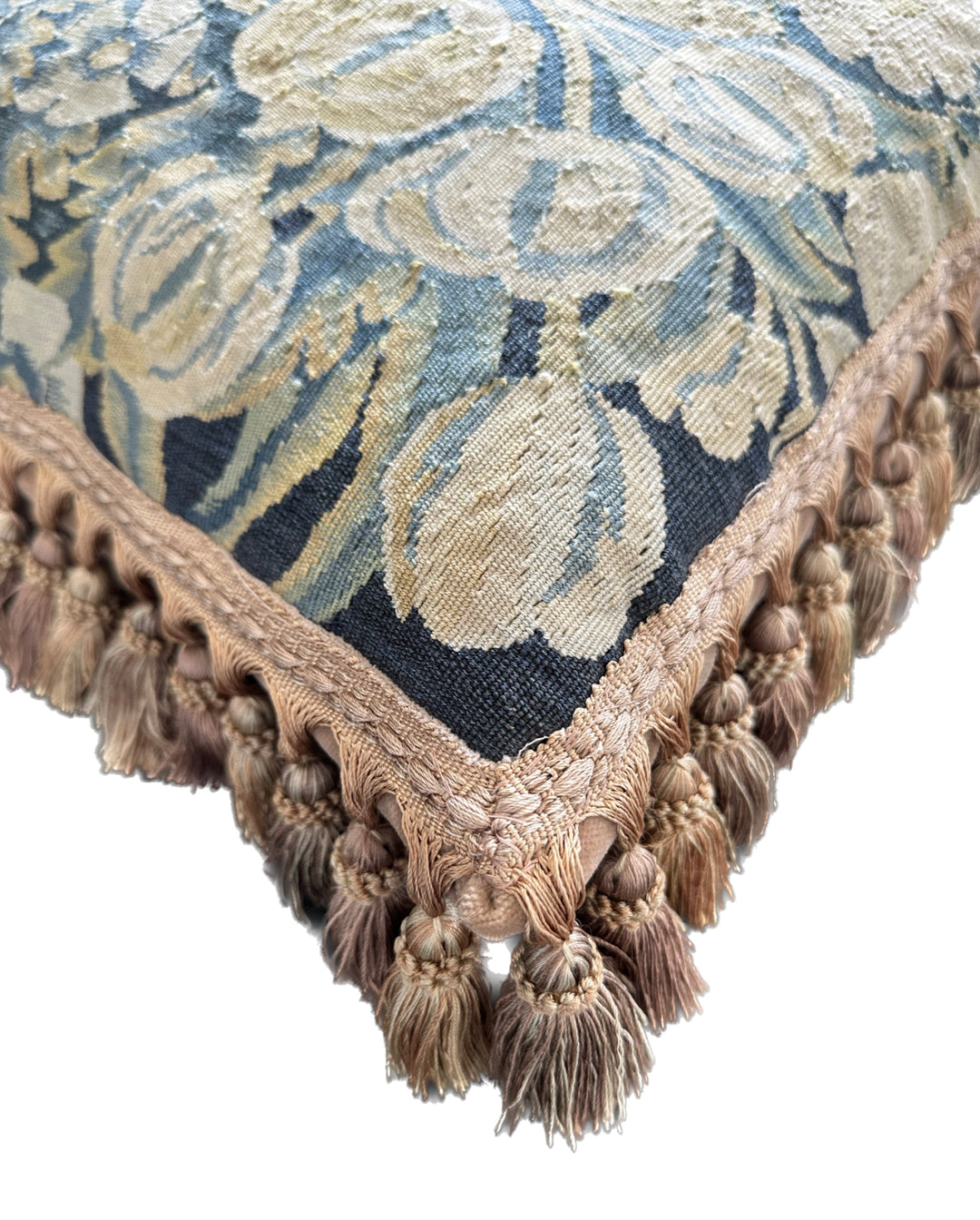 Luxury hand-knotted blue-green pictorial Aubusson pillow case with golden-brown tassels made from organic wool by expert weavers, curated by Ariana Rugs West Hollywood.