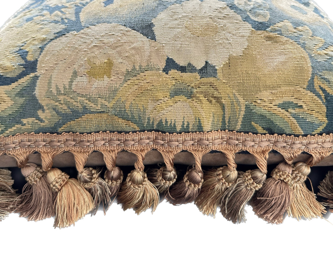 Luxury hand-knotted blue-green pictorial Aubusson pillow case with golden-brown tassels made from organic wool by expert weavers, curated by Ariana Rugs West Hollywood.