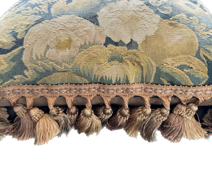 Luxury hand-knotted blue-green pictorial Aubusson pillow case with golden-brown tassels made from organic wool by expert weavers, curated by Ariana Rugs West Hollywood.