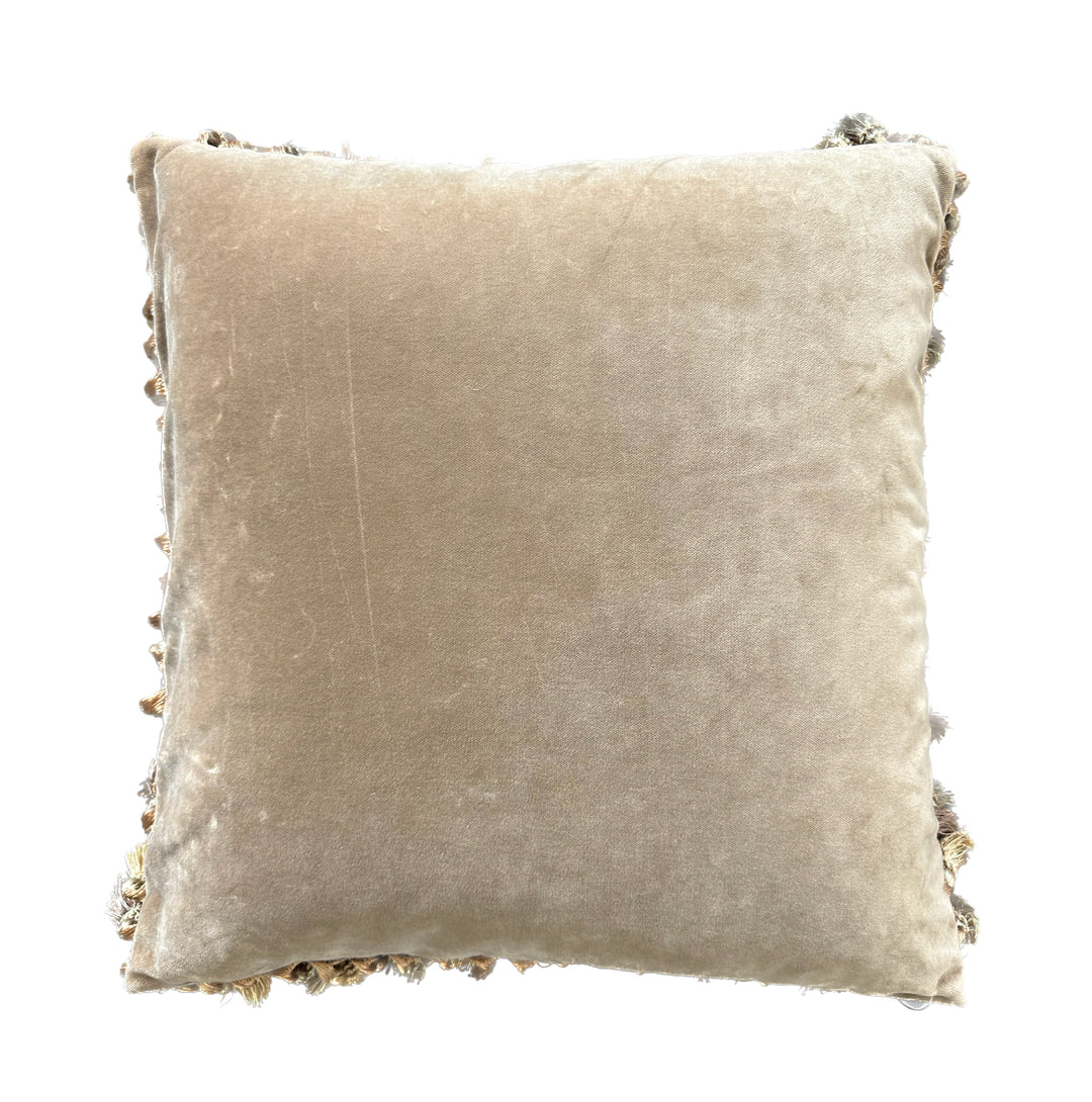 Luxury hand-knotted blue-green pictorial Aubusson pillow case with golden-brown tassels made from organic wool by expert weavers, curated by Ariana Rugs West Hollywood.