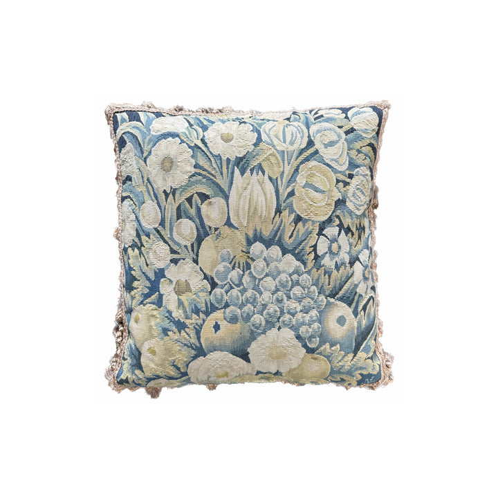 Luxury hand-knotted blue-green pictorial Aubusson pillow case with golden-brown tassels made from organic wool by expert weavers, curated by Ariana Rugs West Hollywood.